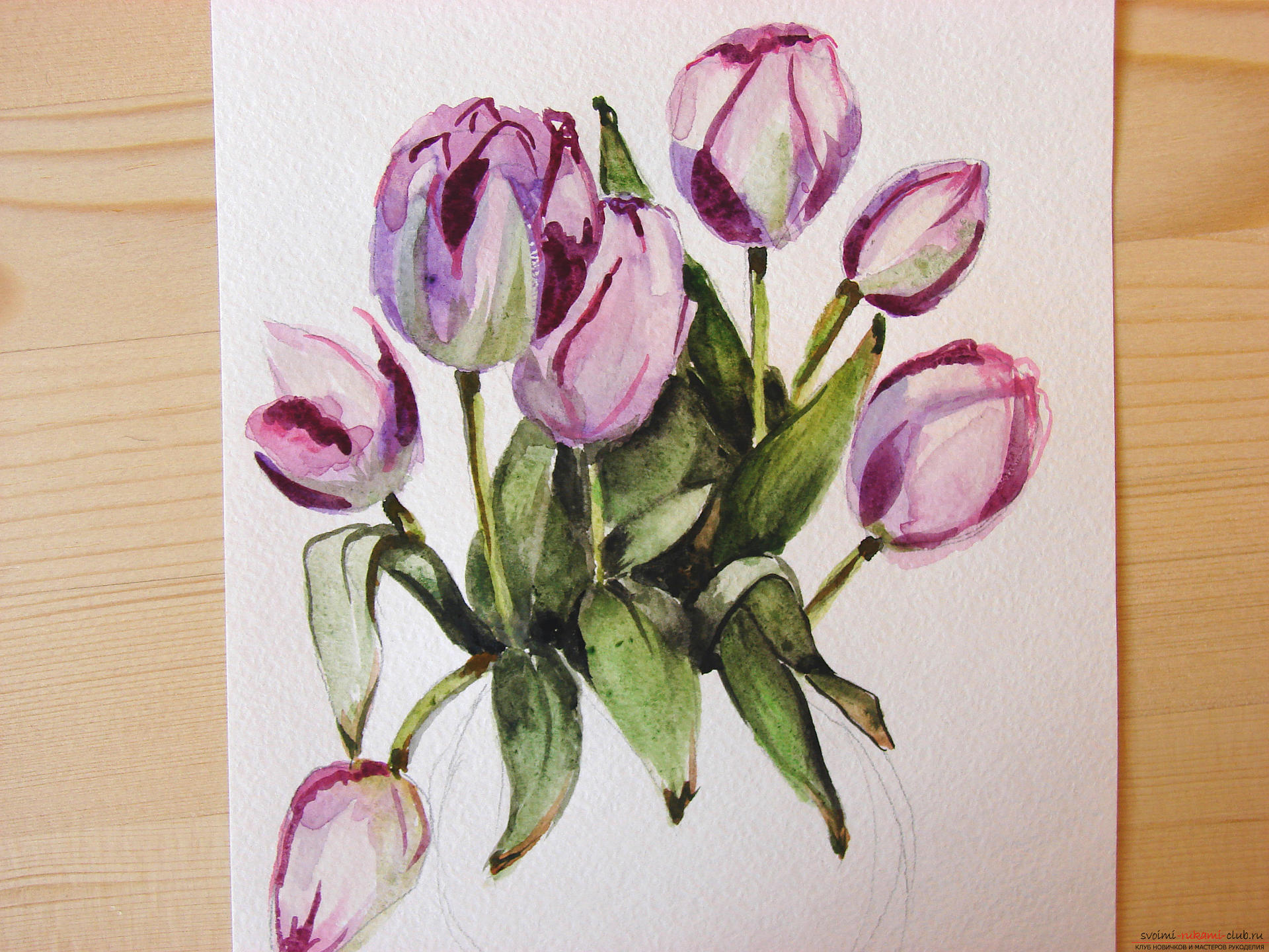Мастер-класс по рисованию с фото научит как нарисовать цветы, подробно описав как рисуются тюльпаны поэтапно.. Фото №18